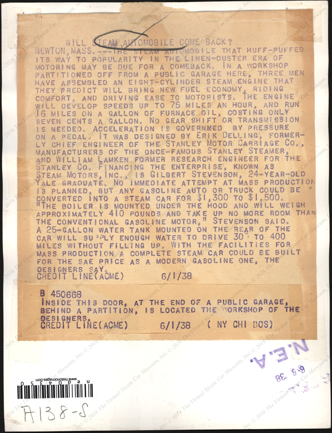 Steam Motors, Inc. Press Photograph, June 1, 1938, Front Door, Reverse