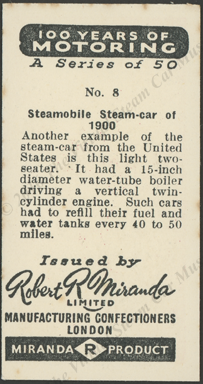 Steamobile Steam Car, 1900, London Confectioners Card,  Reverse