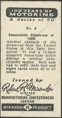 Steamobile Steam Car, 1900, London Confectioners Card, Reverse