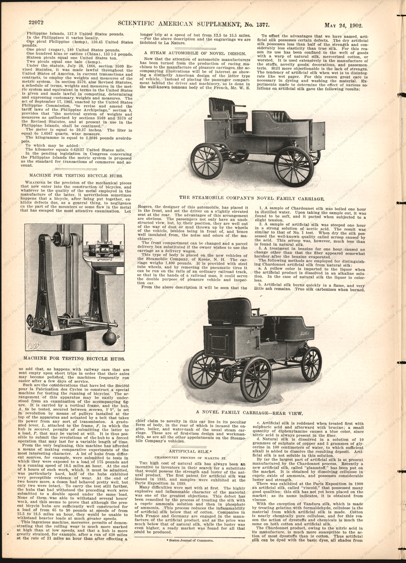 Steamobile Company of America, Scientific American Supplement Article, May 24, 1902, page 22072, Supplement Numbe 1377.
