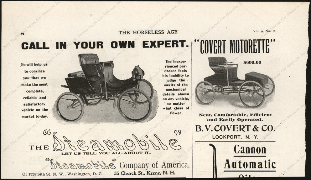 Steamobile COmpany of America, Magazine Advertisement, Horsless Age, April 16, 1902, VOll. 9, NO. 2, page V