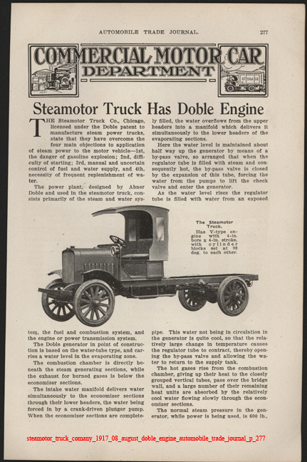Steamotor Truck Comany, August 1917, Doble Steam Engine,  Automobile Trade Journal, p. 277