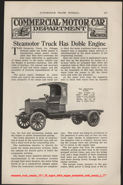 Steamotor Truck Comany, August 1917, Doble Steam Engine, Automobile Trade Journal, p. 277