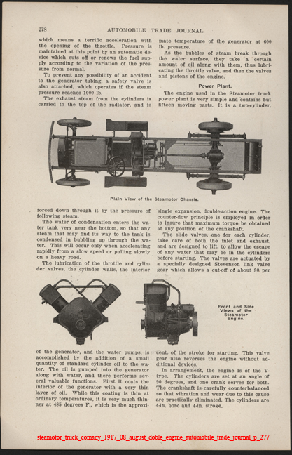 Steamotor Truck Comany, August 1917, Doble Steam Engine,  Automobile Trade Journal, p. 278