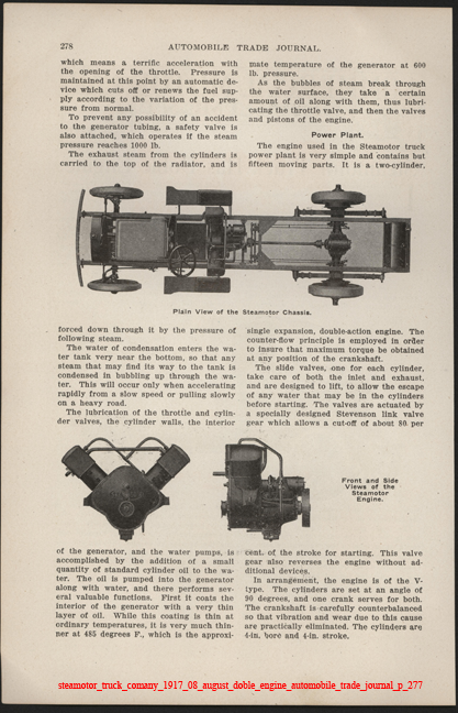 Steamotor Truck Comany, August 1917, Doble Steam Engine, Automobile Trade Journal, p. 278