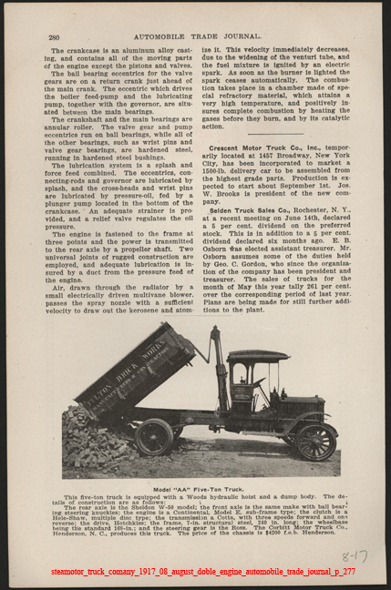 Steamotor Truck Comany, August 1917, Doble Steam Engine,  Automobile Trade Journal, p. 279
