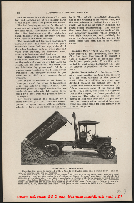 Steamotor Truck Comany, August 1917, Doble Steam Engine, Automobile Trade Journal, p. 279