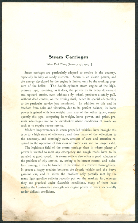 Stearns Steam Carriage Company, New York Times Article, January 25,1903.