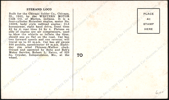 Sterand Lock, Chicago Slder Company, Western Motor Car Company Marion, IN Postcard, Reverse