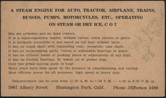 Super Engine Company, Advertising Card, ca: 1925, Huntington Park, CA