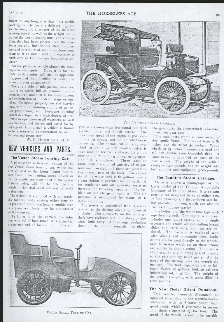 Taunton Automobile Company, Taunton Steam Car, Horseless Carriage, April 23, 1902, p. 509