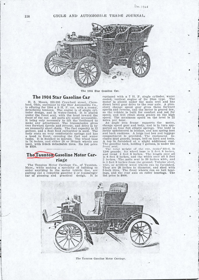 Taunton Automobile Company, January 1904 Magazine Article, Cycle and Automobile Trade Journal, p. 118, Photocopy, Conde Collection.