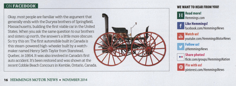 Henry S. Taylor Steam Buggy, Hemmings Motor News Article, November 2014