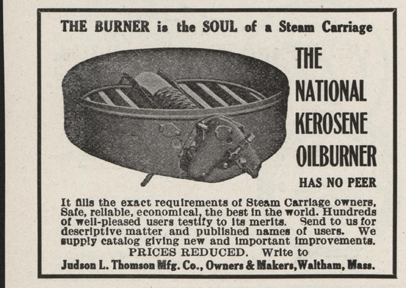 Judson L. Thompson National Kerosene Oil Burner, April 1910, Cycle and Automobile Trade Journal, p. 379, Conde Collection.