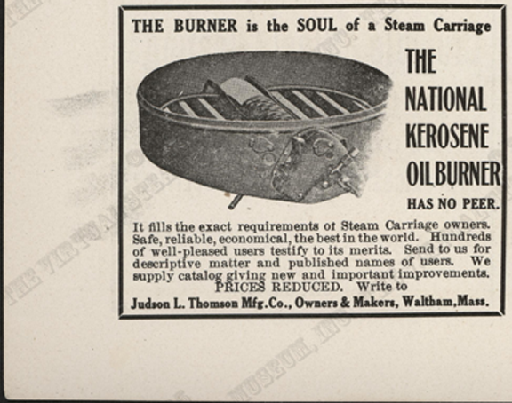 Judson L. Thompson National Kerosene Oil Burner, November 1907, Cycle and Automobile Trade Journal, p. 392, Conde Collection.