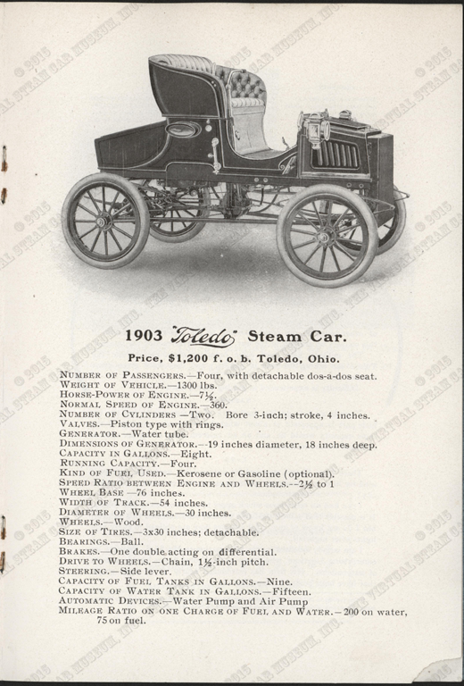 Toledo Steam Car International Motor Car Company 1903 Trade Catalogue Condensing Steam Car