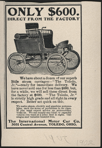 Toledo Steam Carriage, International Motor Car Company, Magazine Advertisement, Unknown Magazine, late 1902, Conde Collection