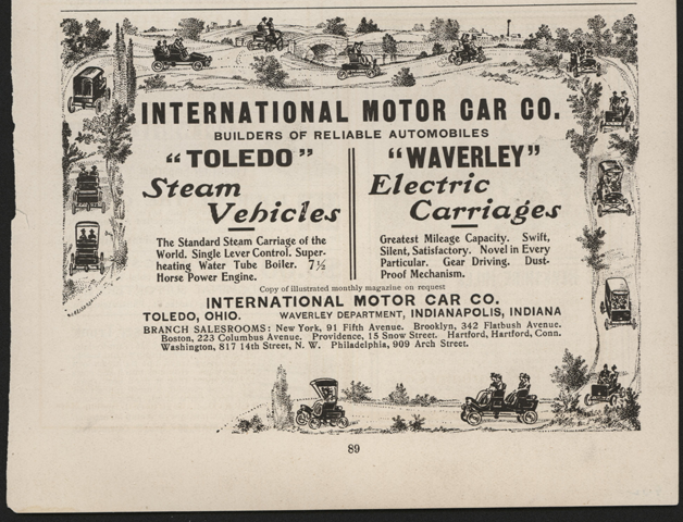 Toledo Steam Carriage, International Motor Car Company, Magazine Advertisement, Scribner's Magazine, p. 89