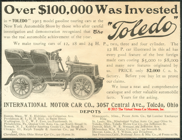Toledo Gasoline Car, International Motor Car Company, Magazine Advertisement, Unknown Magazine, mid 1903
