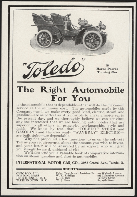Toledo Gasoline Car, International Motor Car Company, Magazine Advertisement, Unknown Magazine, mid 1903