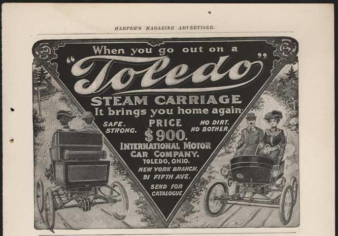 Toledo Steam Carriage, International Motor Car Company, Magazine Advertisement, Harper's Magazine, April 1903, p. 77