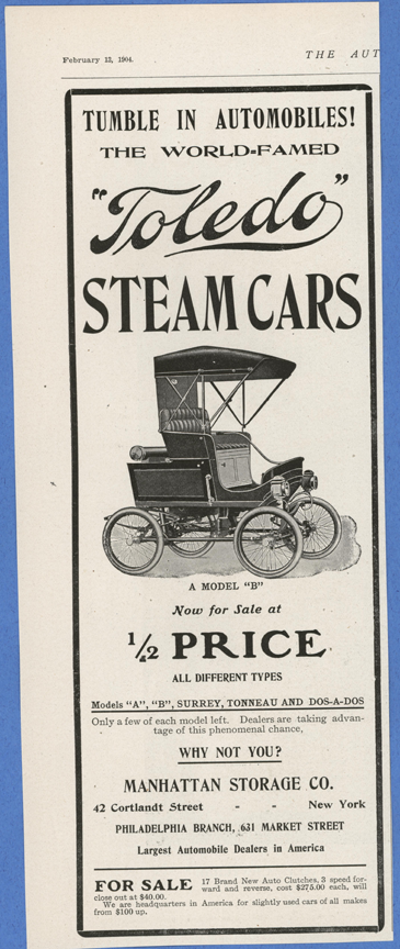 Toledo Steam Carriage, Manhattan Storage Company, February 13, 1904, The Automobile Magazine, Conde Collection
