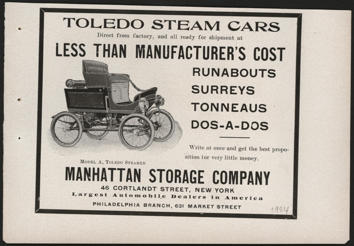 Toledo Steam Carriage, Manhattan Storage Company, 1904