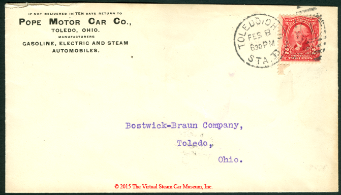 Toledo Steam Carriage, Pope Motor Car Company, February 8, 1903 Advertising Cover, Front