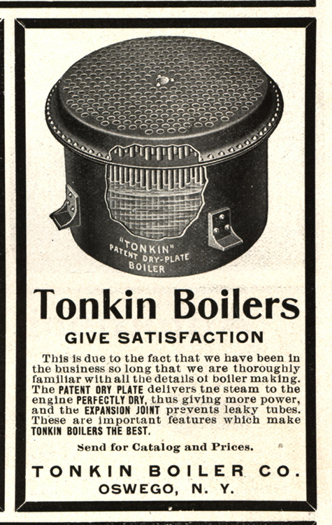 The Tonkin Boiler Company, Magazine Advertisement, Cycle & Automobile Trade Journal, October 1905, p. 231.