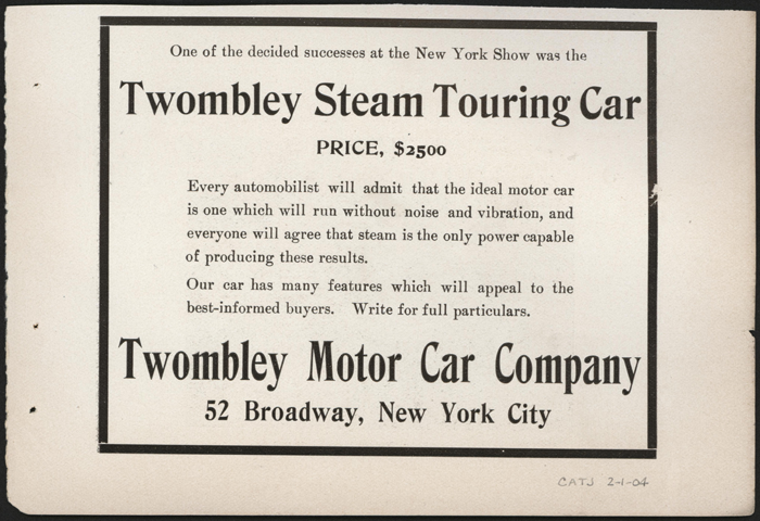 Twombly Motor Carriage Company, February 1904, Cycle and Automobile Trade Journal advertisement, Conde Collection