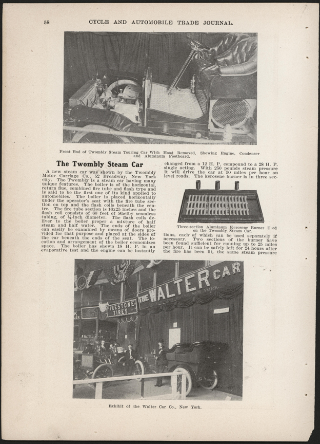 Twombly Motor Carriaage Company, February 1904, Cycle and Automobile Trade Journal article, p. 58. Conde Collection