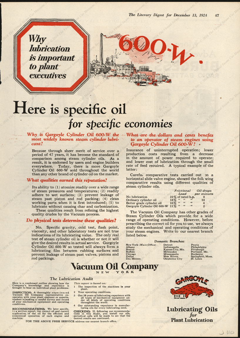 Vacuum Oil Company, Steam Car Cylinder Oil, Magazine Advertisement, December 13, 1924, The Literary Digest