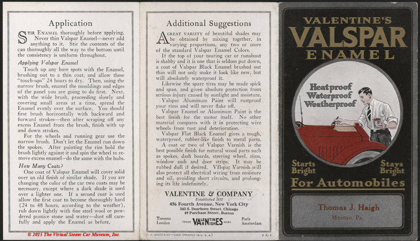 Valentine & Company Automobile Paint Brochure, Valspar Enamel, April 1923, Exteropr