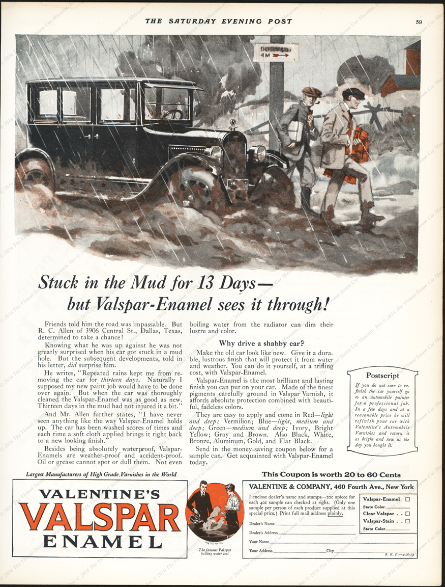 Valentine and Company magazine advertisement, Saturday Evening Post, August 26, 1926, page 59, Dallas Texas Storm