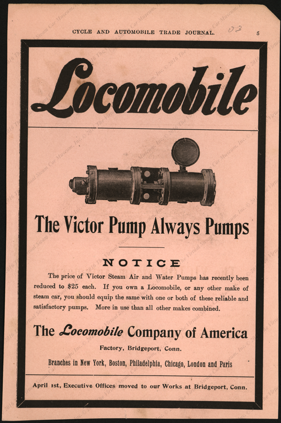 Locomobile Company of America advertisement, Victor Pump
