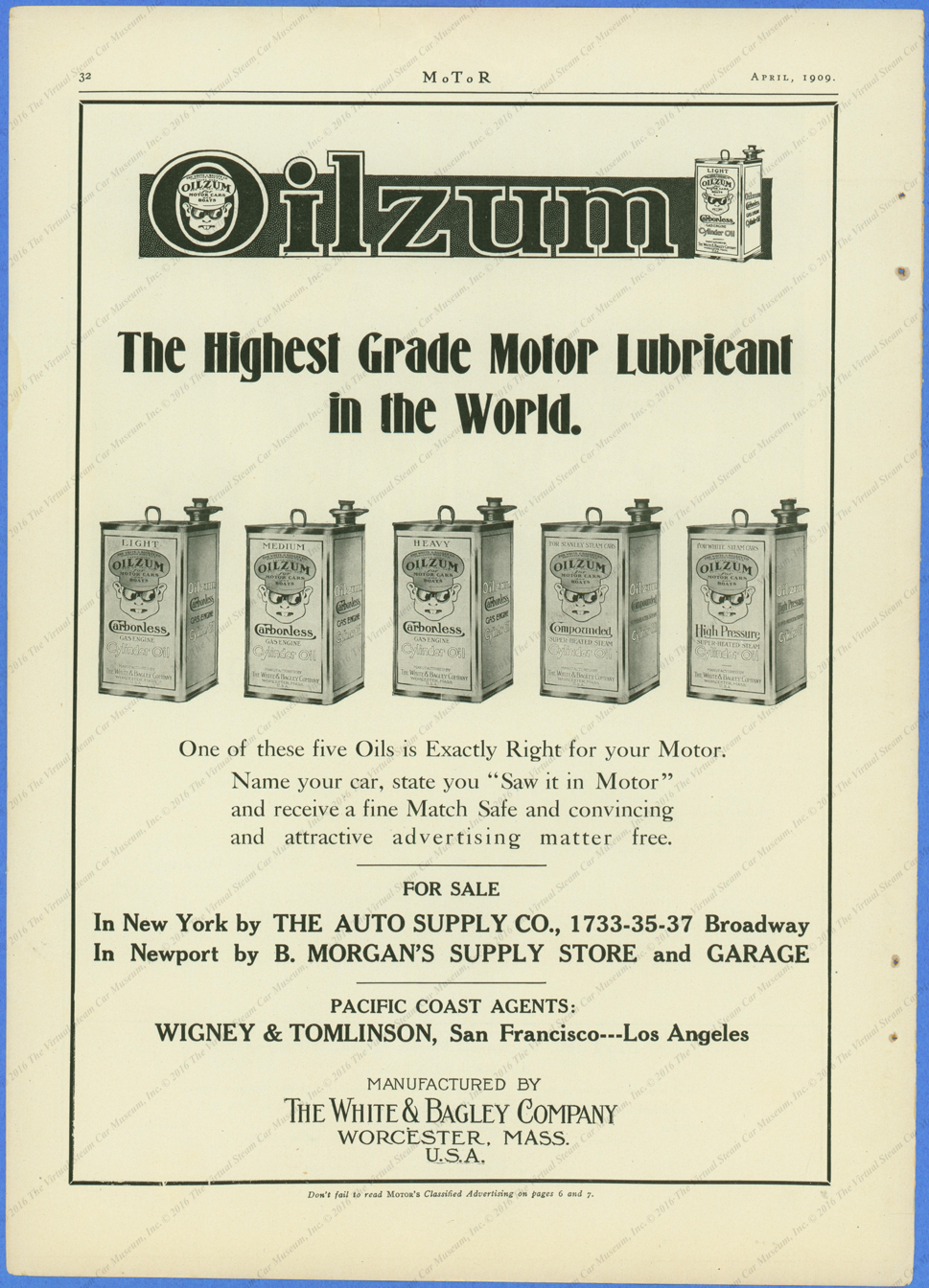 This Oilzum advertisement appeared in Motor Magazine for April 1909. Page 32.