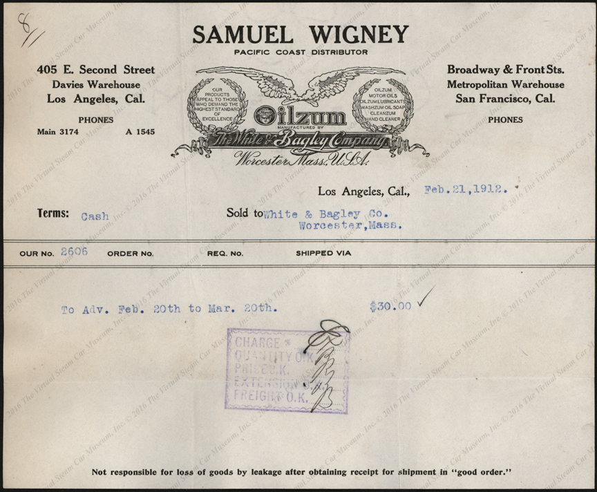 Samuel Wigney, Pacific Coast Distributor for White& Bagley Company, Oilzum products, Invoice, February 21, 1912.