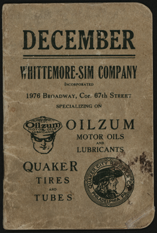 Whittemore-Sim Company, December 1916 Pocket Calendar, White & Bagley Company, Oilzum Motor Oils and Lubricants