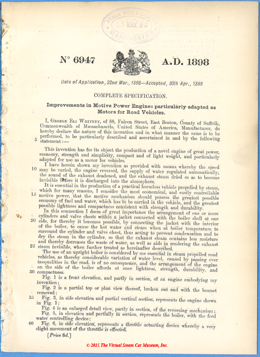 Whitney Motor Wagon Company, George Eli Whitney English Patent