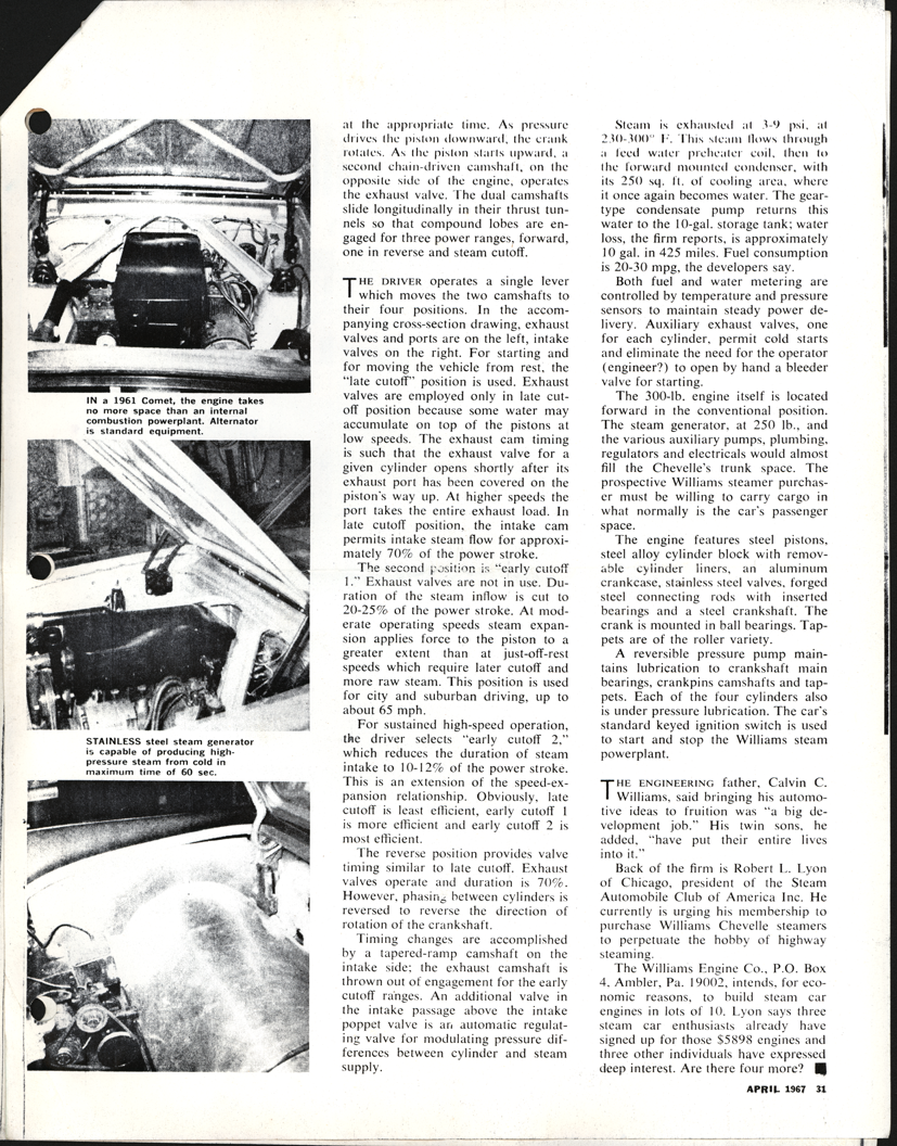 Williams Engine Copmany, Amber, PA, April 1967 Magazine Article, Car Life, p.  31