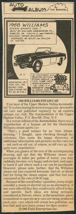 Tad Burgess Newspaper Feature about the Williams Steam Car
