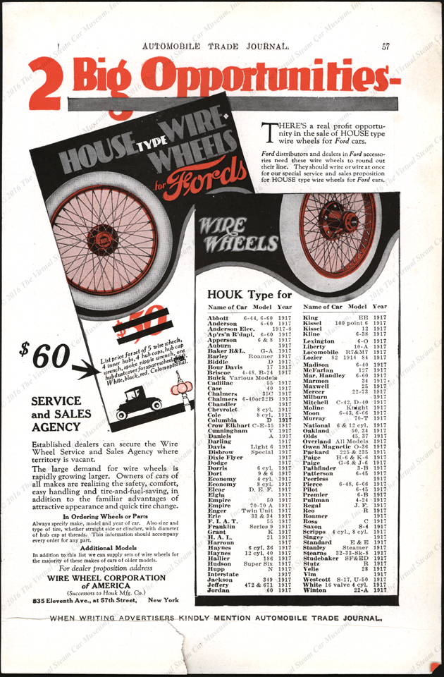 Wire Wheel Corporation of America, Houk Wire Wheels, Automobile Trade Journal, 1917, P. 57